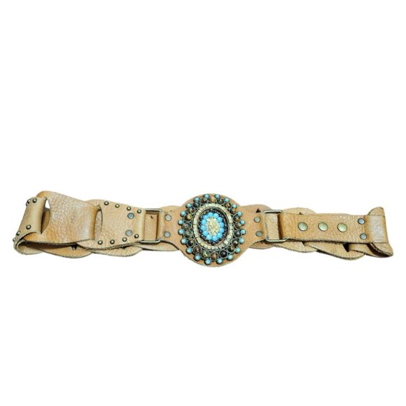 LeatheRock Custom Linked Leather Studded Rhinstone Belt Size M/L USA MSRP $245 - Picture 5 of 16